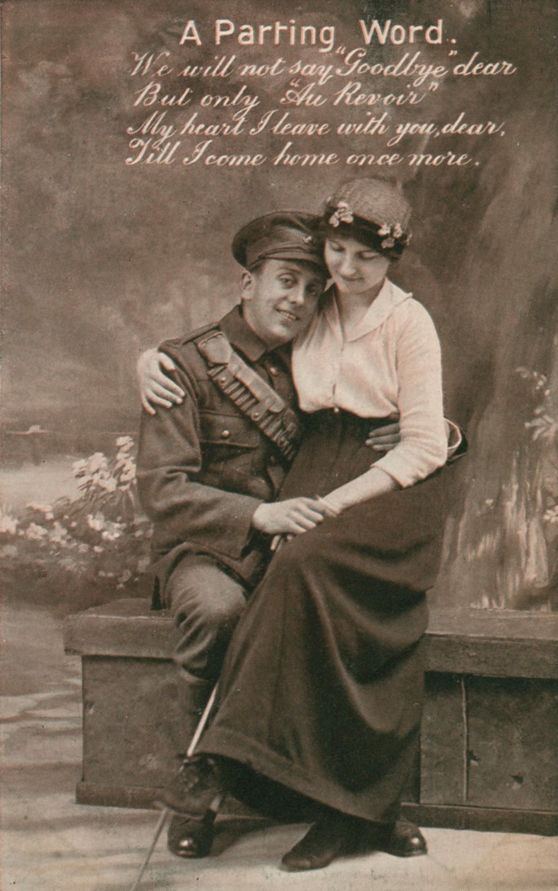 Et afskedsord, romantisk postkort med en soldat og hans kæreste af Unbekannt