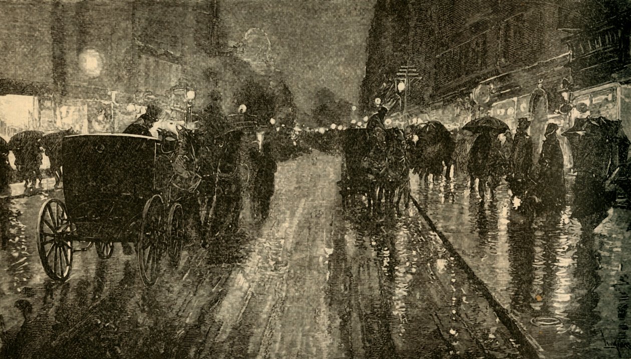 En regnfuld nat. - Gade oplyst af elektricitet, 1882. af Unbekannt