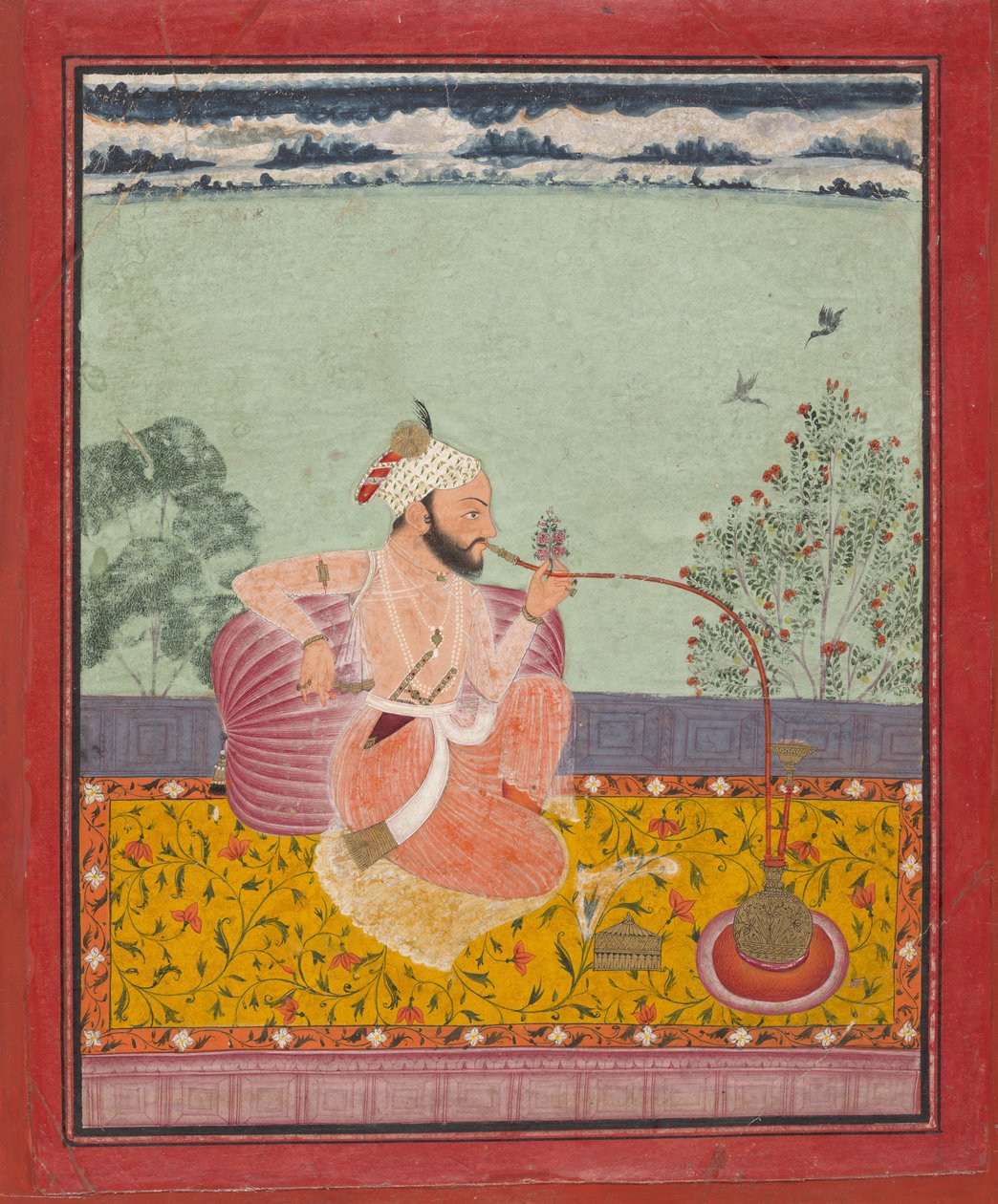 En Raja, der ryger en vandpibe, ca. 1690-1710. af Unbekannt