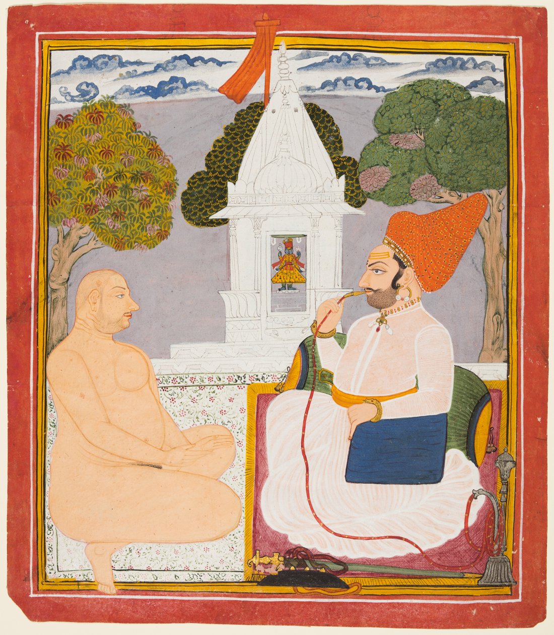En Rathor Noble besøger en Digambara hellig mand ved en Vishnu-helligdom, sandsynligvis Baba Atmaram, ca. 1760. af Unbekannt
