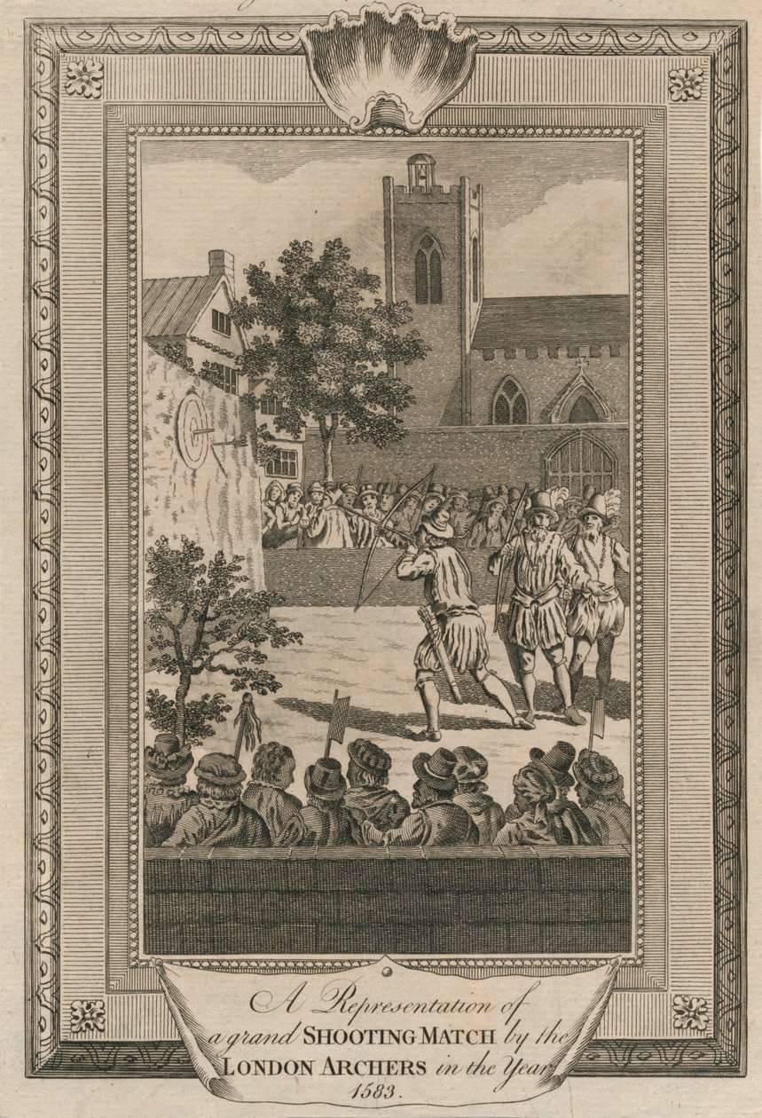 En repræsentation af en storslået skydekamp af London Archers i år 1583. af Unbekannt