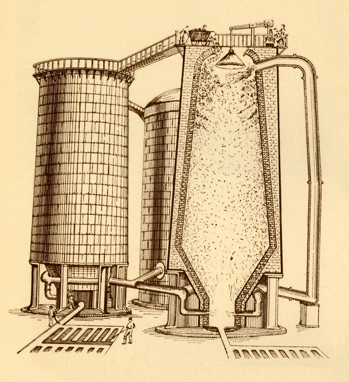 Et sæt moderne højovne vist i sektion, c1930. af Unbekannt