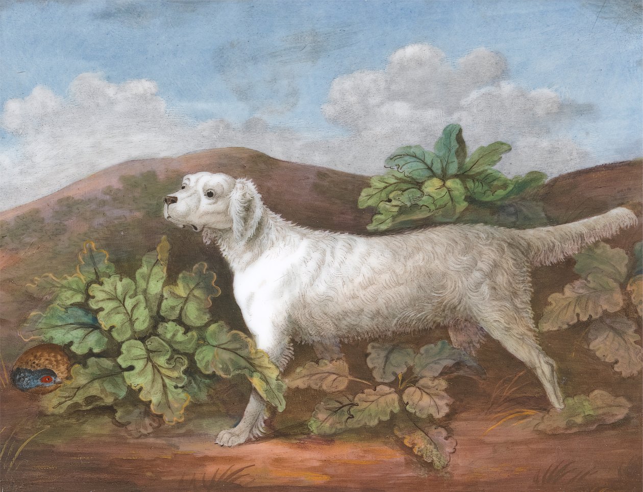 En setter: Venstre til venstre, med en patridge, der gemmer sig blandt burdocks til venstre, ca. 1805. af Unbekannt