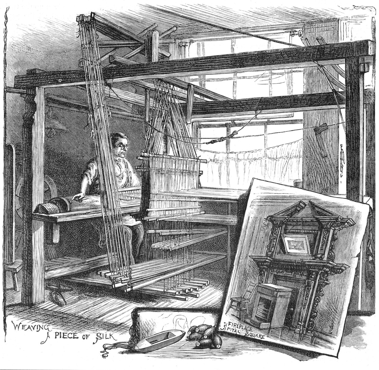 En Spitalfields silkevæver ved sin håndvæv, 1884 af Unbekannt