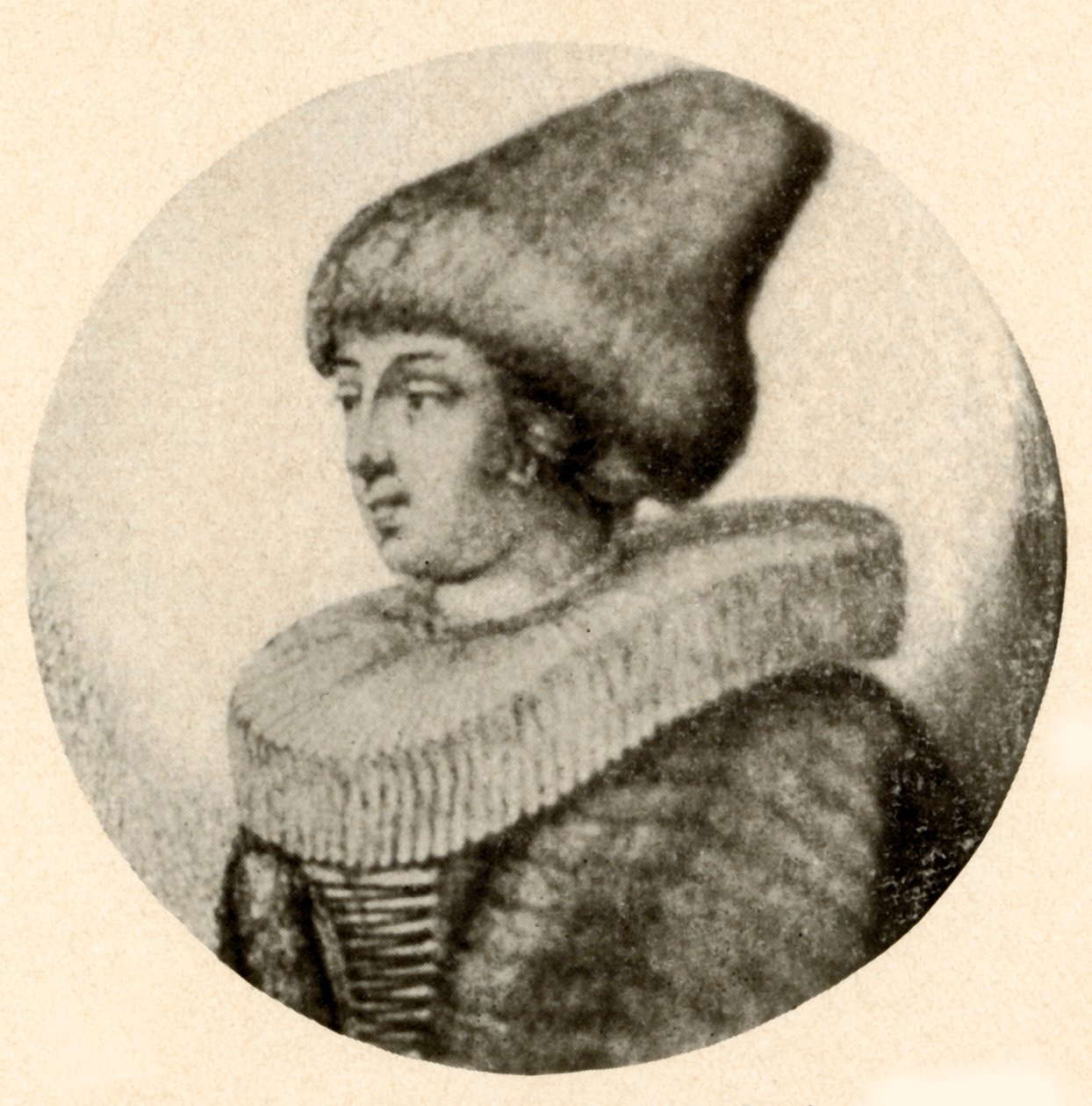 En svensk dame i spids pelshue og ryg, 1640, 1937. af Unbekannt