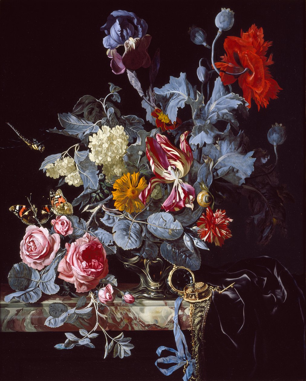 En vase med blomster med et ur, midten af 1600-tallet af Unbekannt
