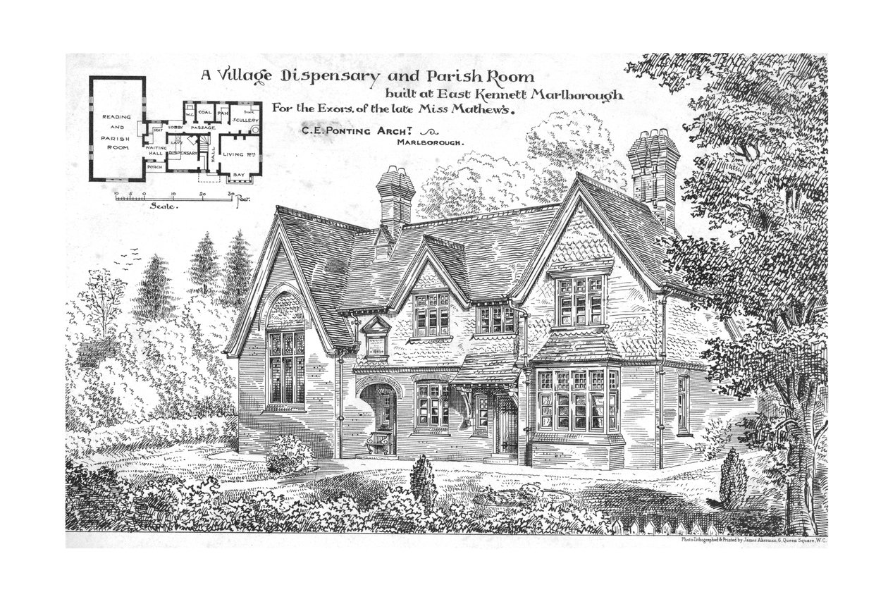 Et Village Dispensary and Parish Room bygget i East Kennett, Marlborough, 1884. af Unbekannt