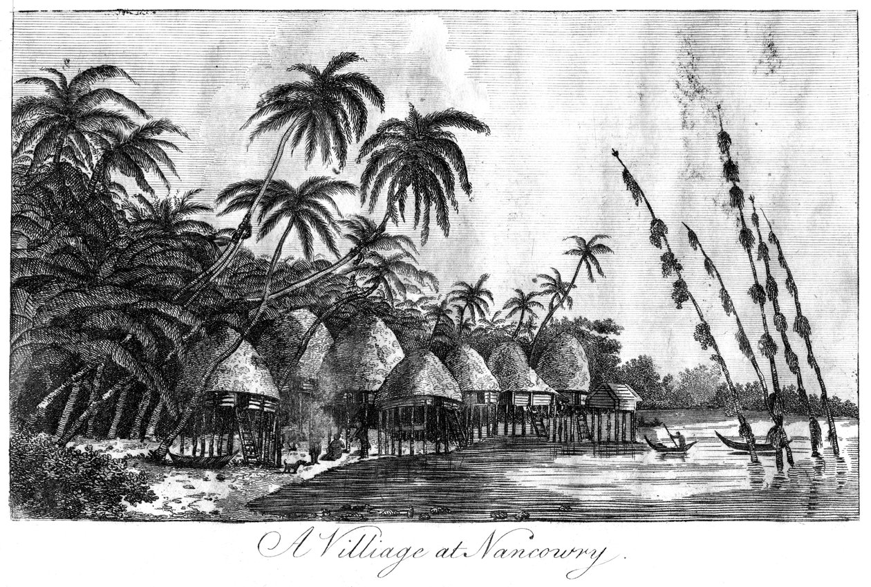 En landsby ved Nancowry, Nicobarøerne, 1799 af Unbekannt
