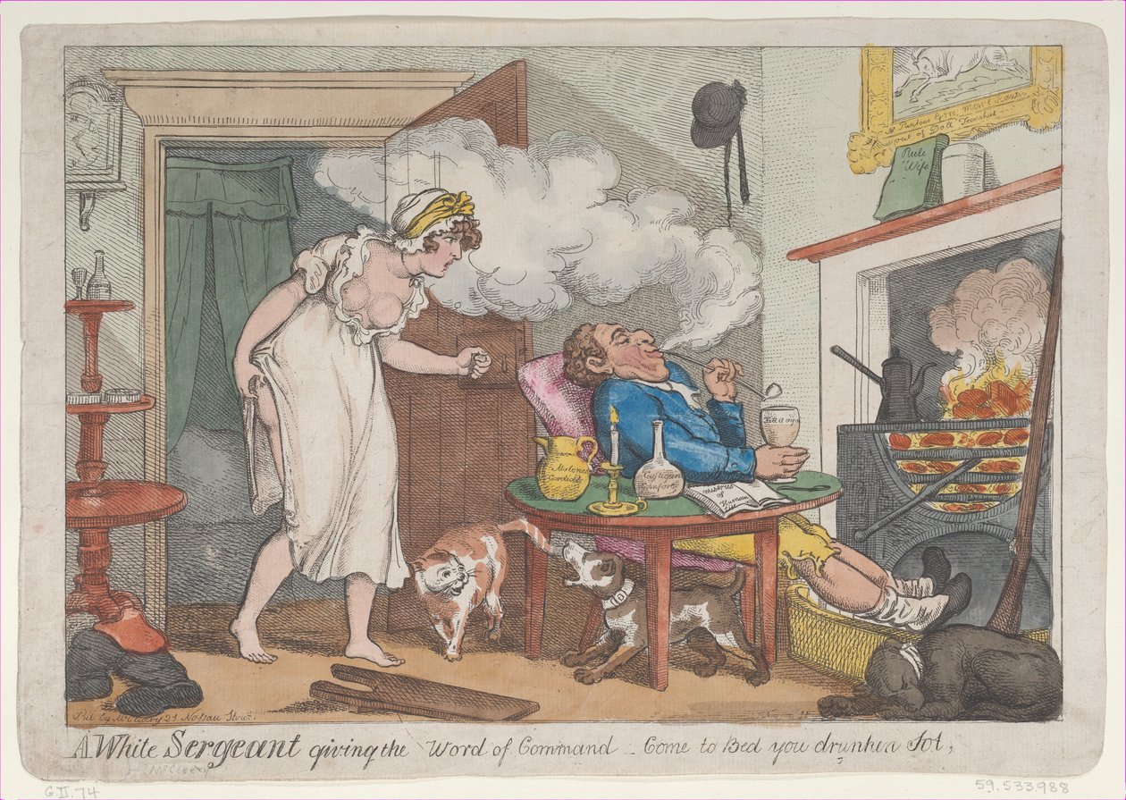 En hvid sergent afgiver kommandoordet - Kom i seng, din berusede sot, 2. maj..., 25. maj 1807. af Unbekannt