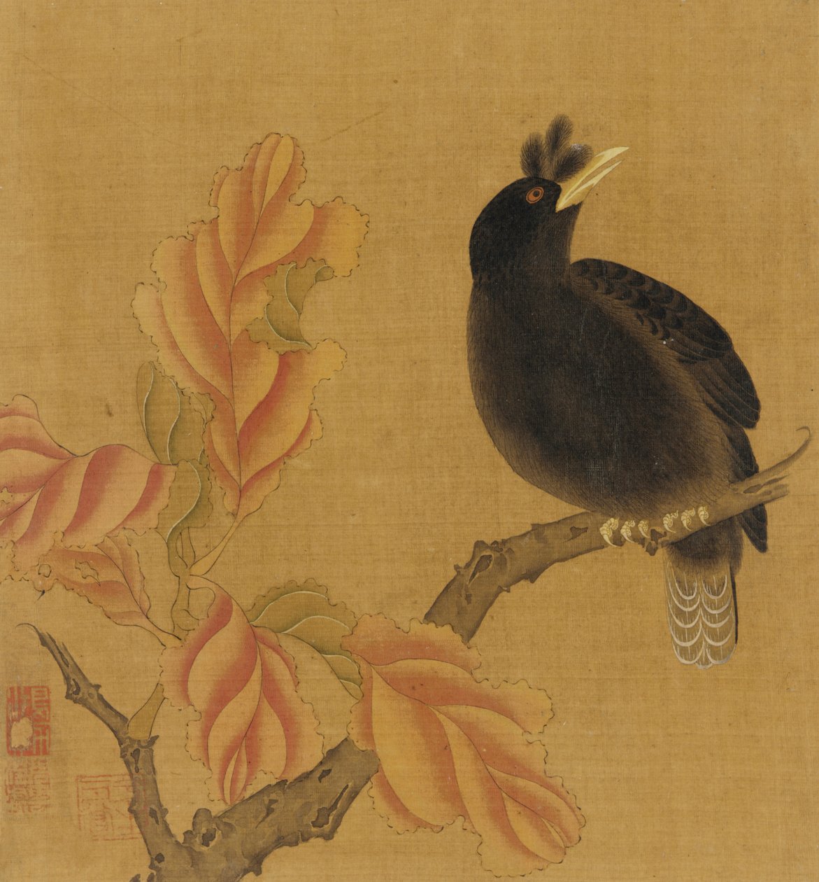En solsort på en gren, efterårsblade, Qing-dynastiet, 1700-tallet. af Unbekannt