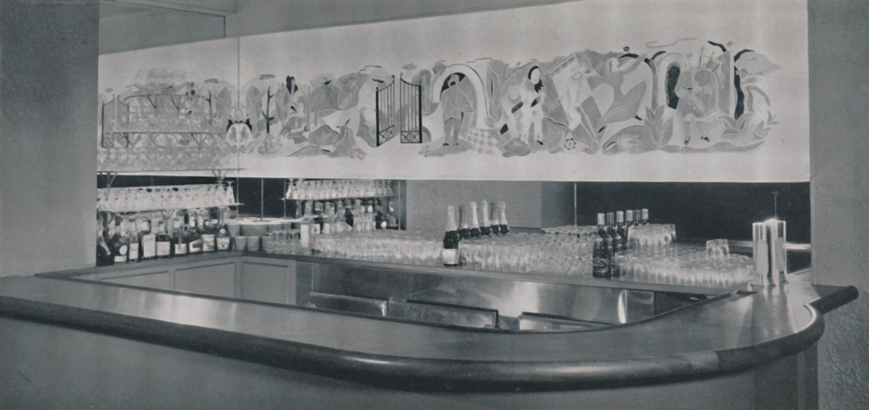 Et cocktailbar-vægmaleri i udskåret og emaljeret linoleum i Berkeley Hotel, Montreal, 1942 af Unbekannt