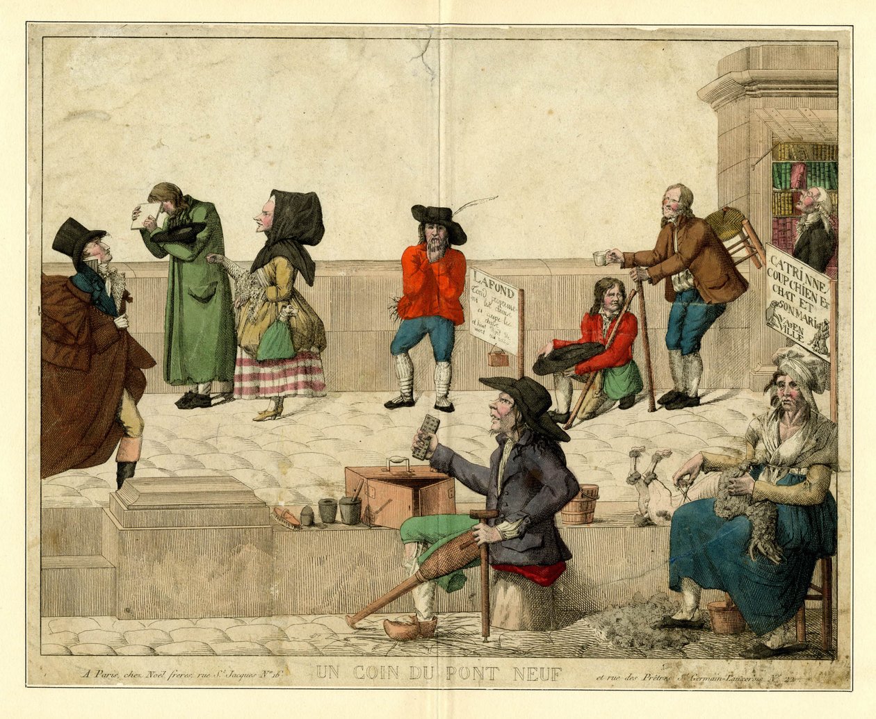 Et hjørne af Pont Neuf, Paris, med lamme tiggere og gadesælgere, ca 1813. af Unbekannt