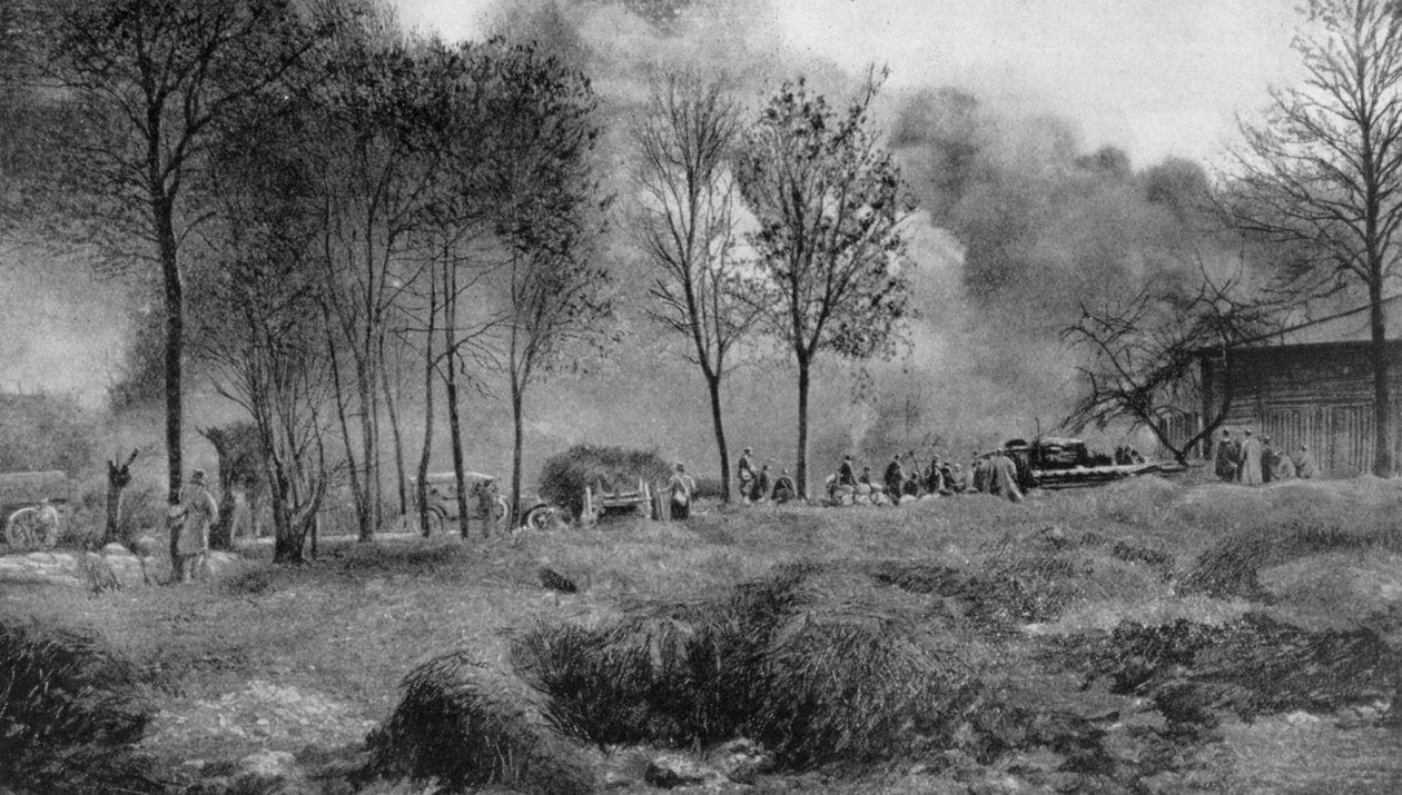 En gård i brand fra tyske brandbomber, Artois, Frankrig, Første Verdenskrig, 1915 af Unbekannt