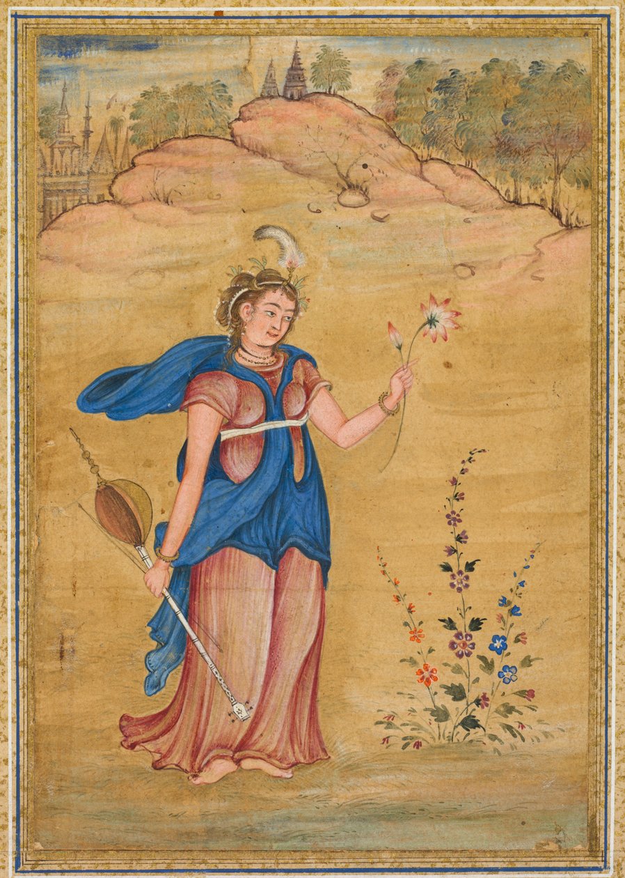 En kvindeskikkelse, der står i et landskab med en firstrenget khuuchir og en lotus, ca. 1590. af Unbekannt