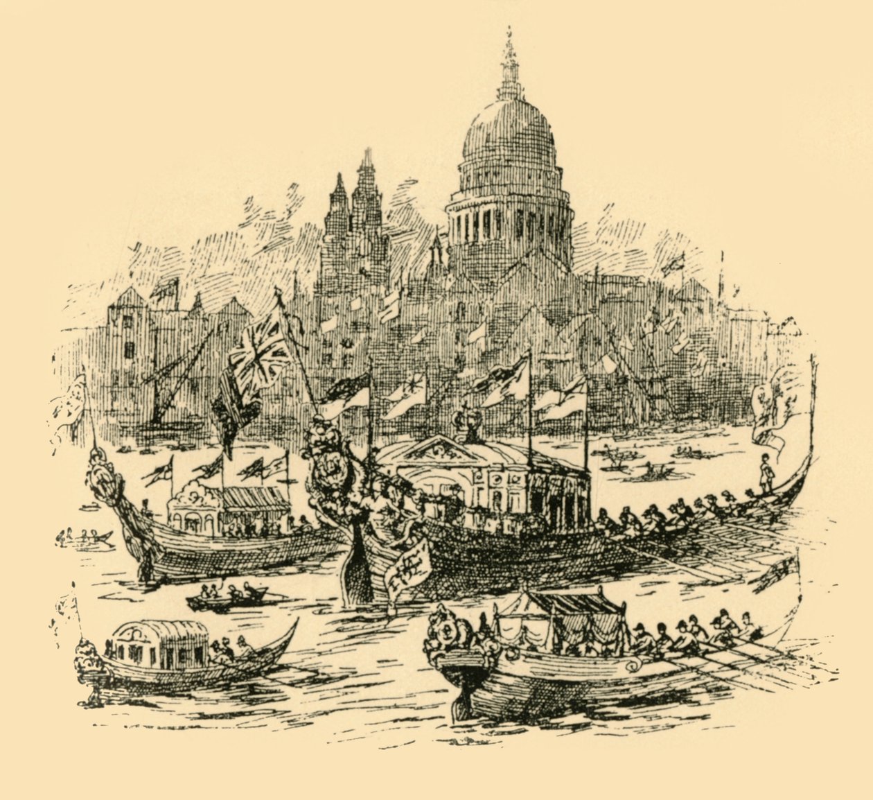 En storslået procession af dekorerede pramme fra Whitehall til Limehouse, 1907. af Unbekannt