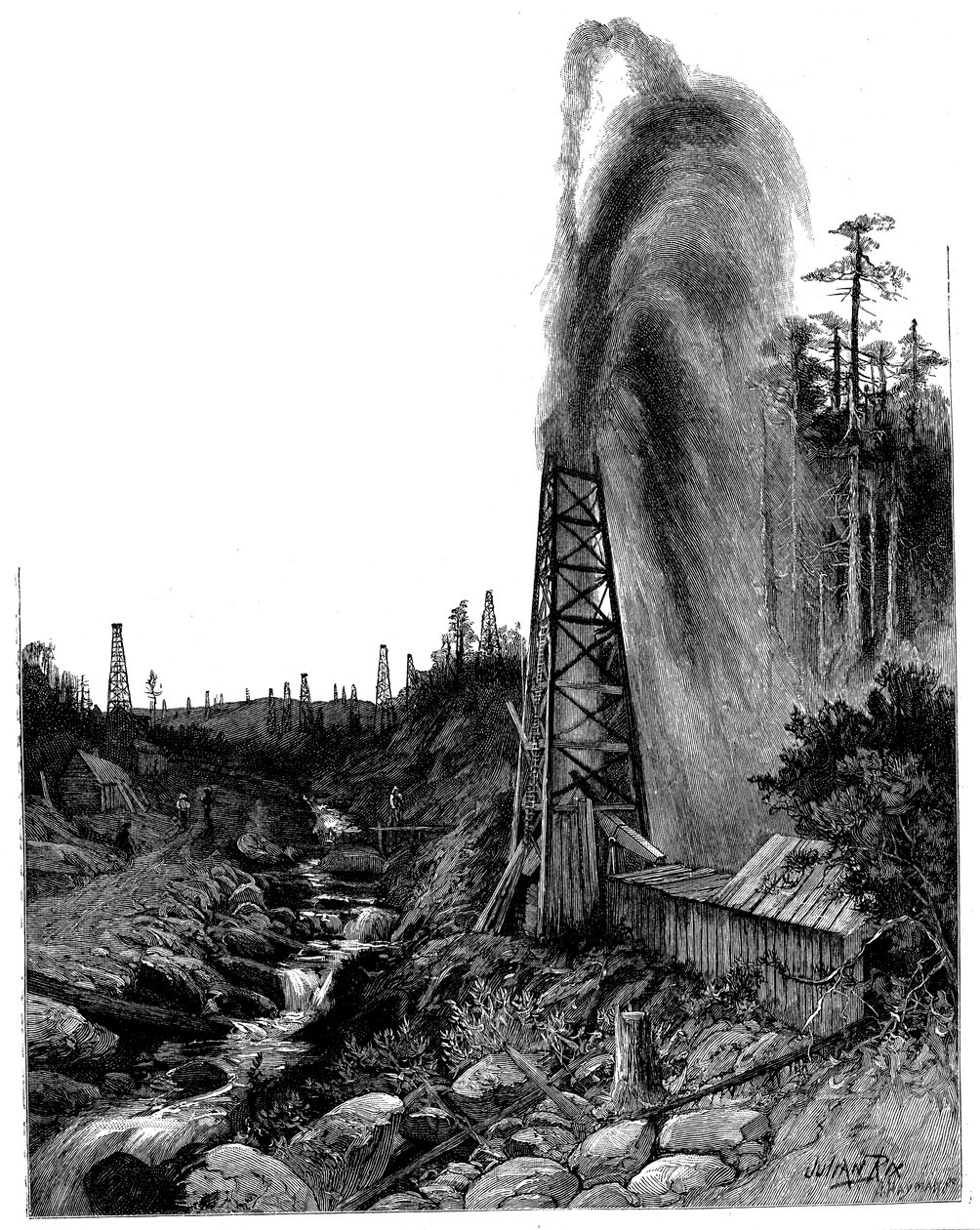 En gyser i Pennsylvanians oliefelter, USA, 1886 af Unbekannt