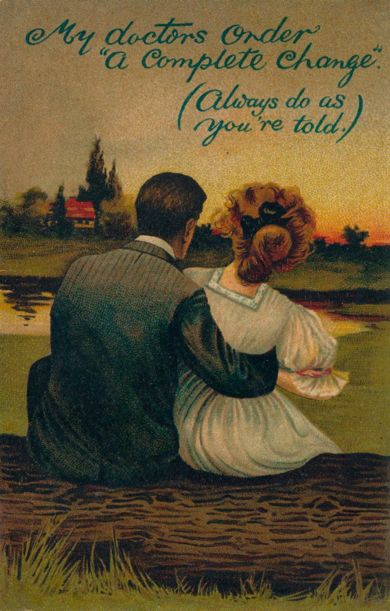Et humoristisk postkort, der forestiller et frierpar, 1908 af Unbekannt