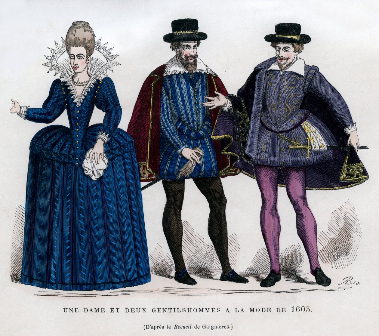 En dame og to herrer i fransk kjole fra 1605 1882-1884 af Unbekannt