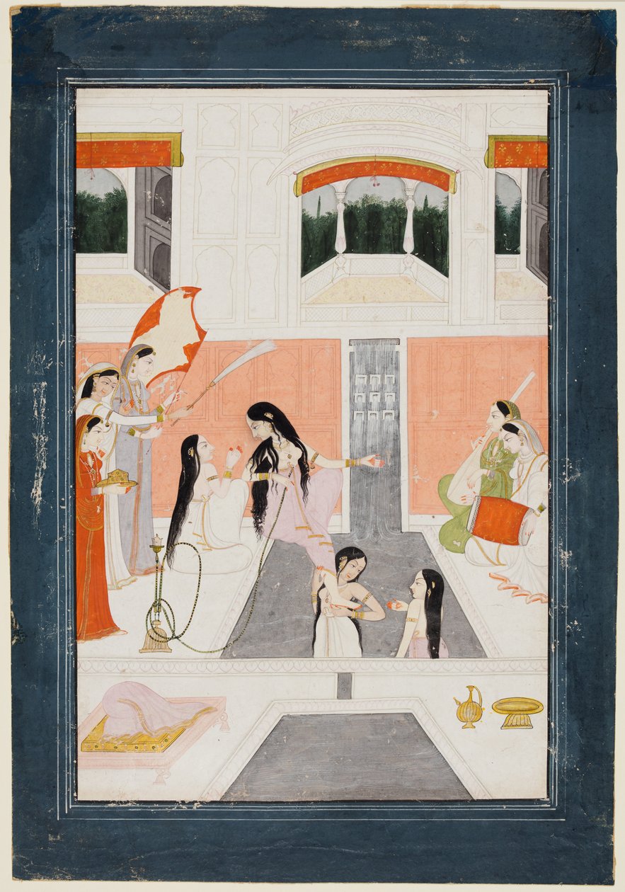 En dame ved sit toilet lytter til musik ved siden af en paladsvandkaskade, ca. 1780. af Unbekannt