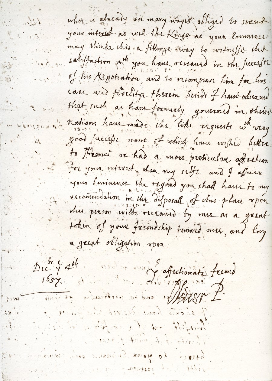 Et brev af Oliver Cromwell til kardinal Mazarin, 4. december 1657, 1899 af Unbekannt