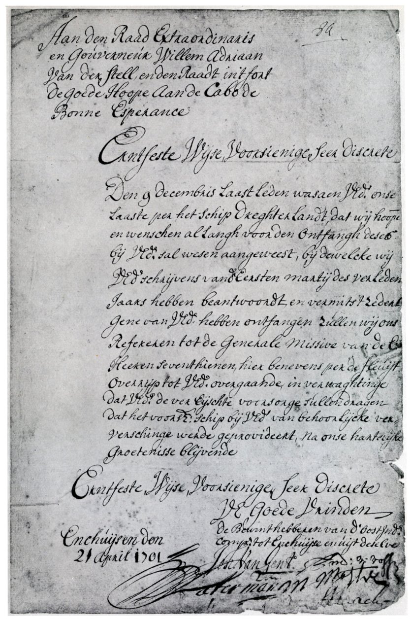 Et brev fra det hollandske ostindiske kompagni til Willem Adriaan van der Stel, 1700-tallet 1931 af Unbekannt
