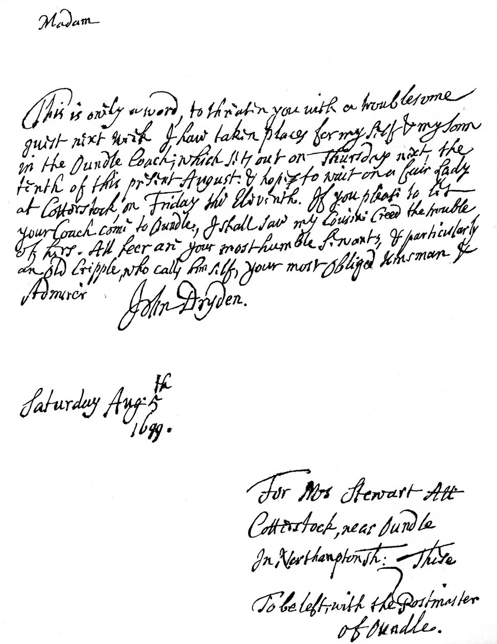 Et brev skrevet af John Dryden 1631-12700, engelsk digter, 1699 1840 af Unbekannt