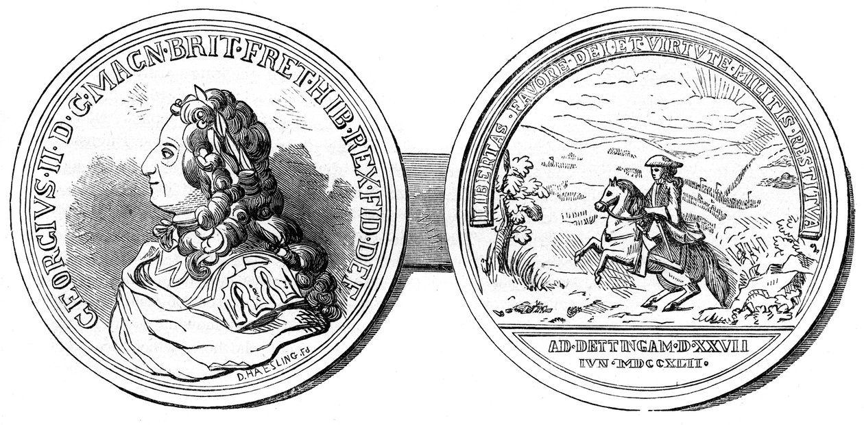 En medalje slået til minde om slaget ved Dettingen, 1743 1800-tallet af Unbekannt