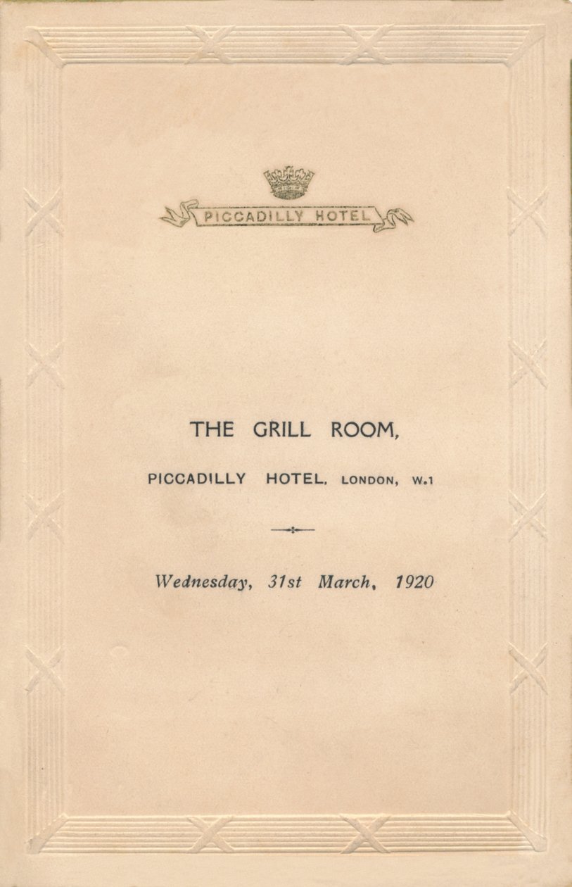 En menu til The Grill Room på Piccadilly Hotel, London, 1920 af Unbekannt