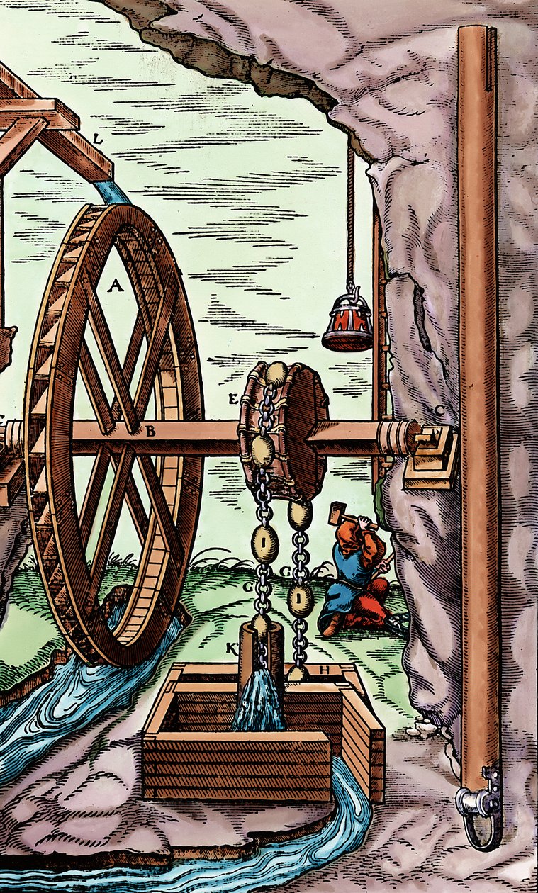 En mine bliver drænet af en klude-og-kæde pumpe drevet af et overskudt vandhjul, 1556 af Unbekannt