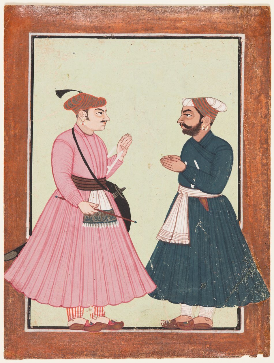 En adelig, sandsynligvis Raja Gaur Sen, modtager en anden adelig, ca. 1700-20. af Unbekannt