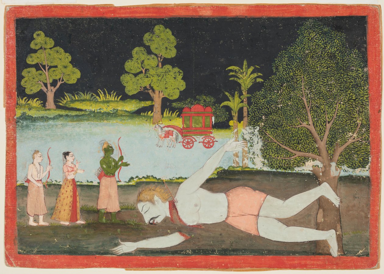 En side fra en Ramayana: Rama, Lakshman og Sita før en dræbt kæmpe, ca. 1770. af Unbekannt
