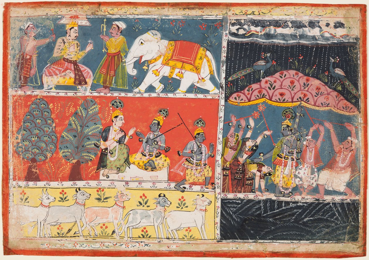En side fra Bhagavata Purana: Indra sender en strøm af regn, Krishna løfter Govardhana-bjerget, 1686. af Unbekannt
