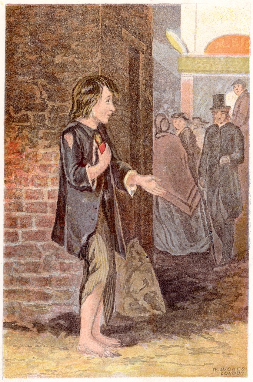 En fattig dreng, skoløs og i klude, tigger på et gadehjørne, c1880 af Unbekannt