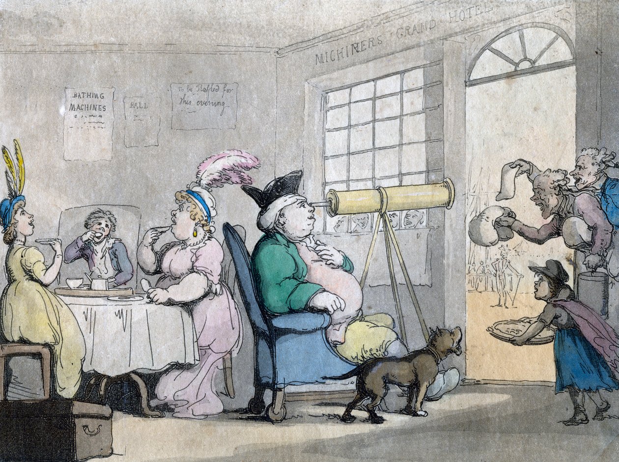 En portabel herre kigger gennem et teleskop, 1800-tallet af Unbekannt
