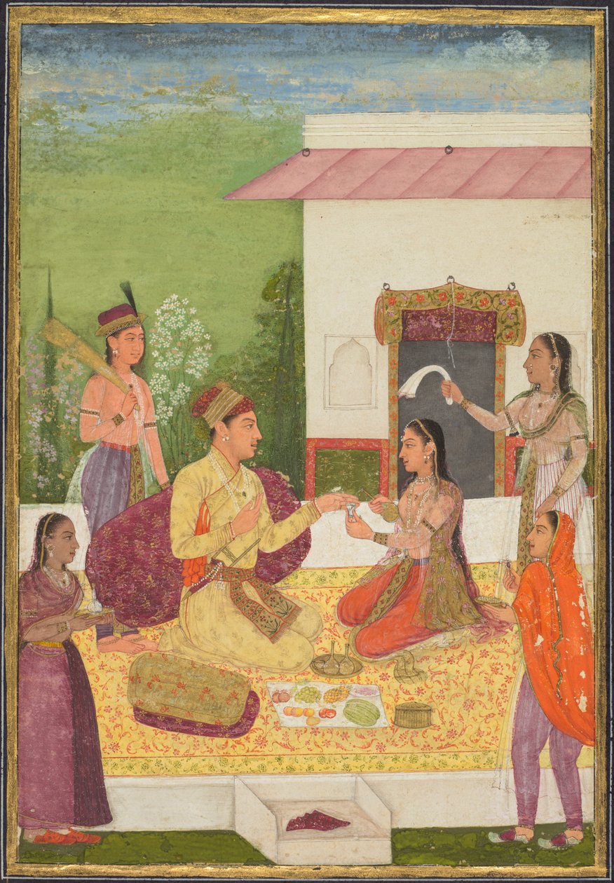 En prins, der taler med en kvinde, mens han tager forfriskninger på en terrasse, ca. 1710-1720. af Unbekannt