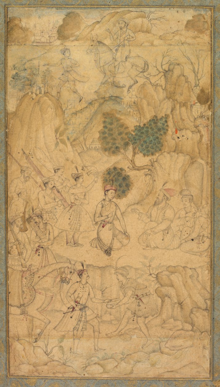 En prins på besøg hos en hellig mand i et klippelandskab, ca. 1590. af Unbekannt