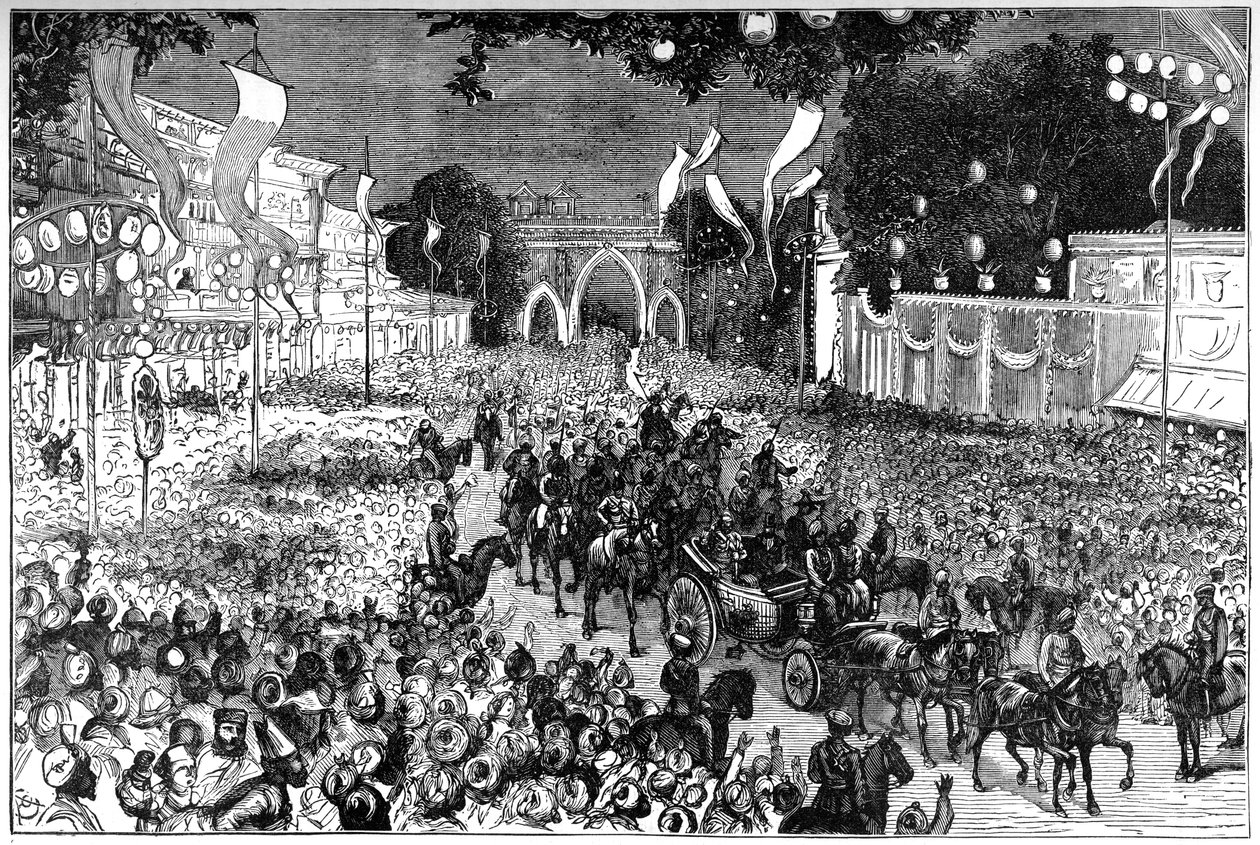 En procession for at fejre Prinsen af Wales fødselsdag, Bombay, Indien, 1800-tallet af Unbekannt