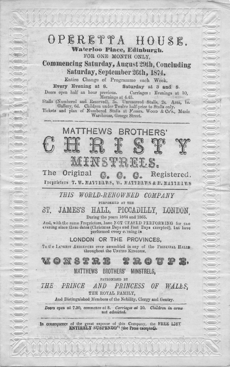 Et program med begivenheder, der skal afholdes i Operette House, Waterloo Place, Edinburgh, 1874 af Unbekannt