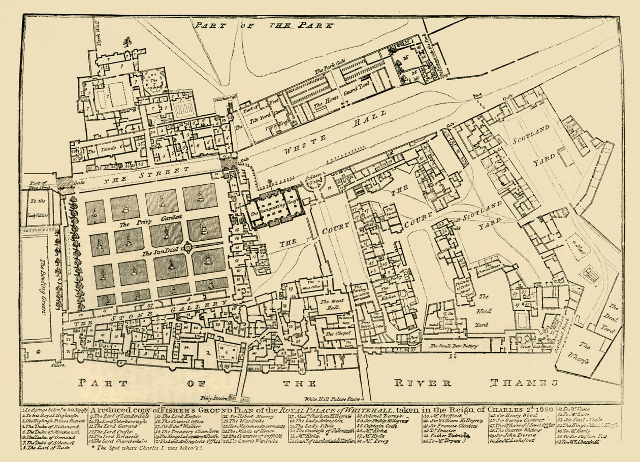 En reduceret kopi af Fishers Ground Plan of the Royal Palace of Whitehall, 1680, 1881. af Unbekannt