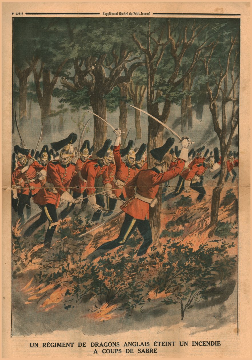 Et regiment af engelske dragoner slukker en brand med sabelslag, 1914. af Unbekannt