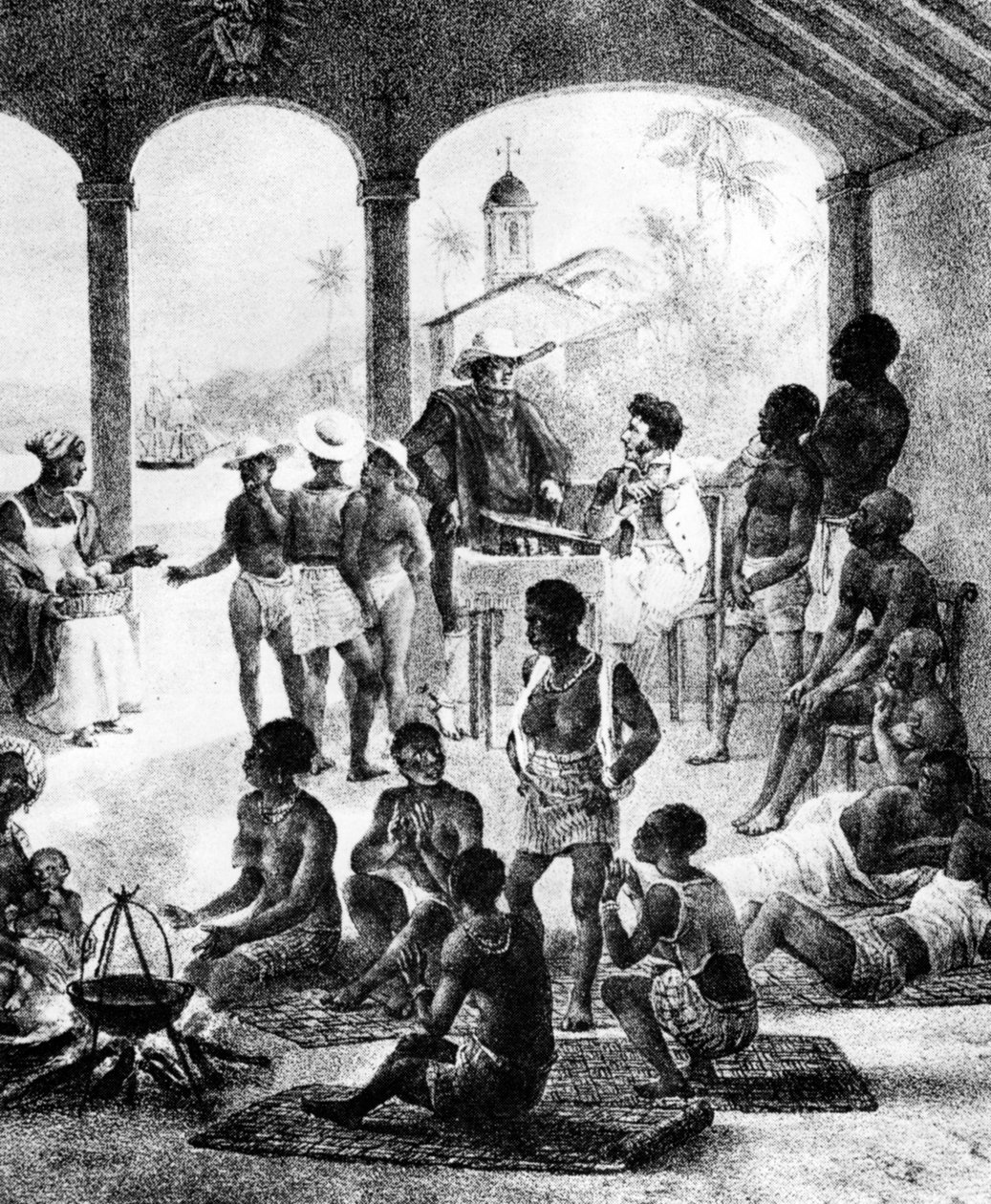 Et slavemarked på Martinique, begyndelsen af det 19. århundrede af Unbekannt