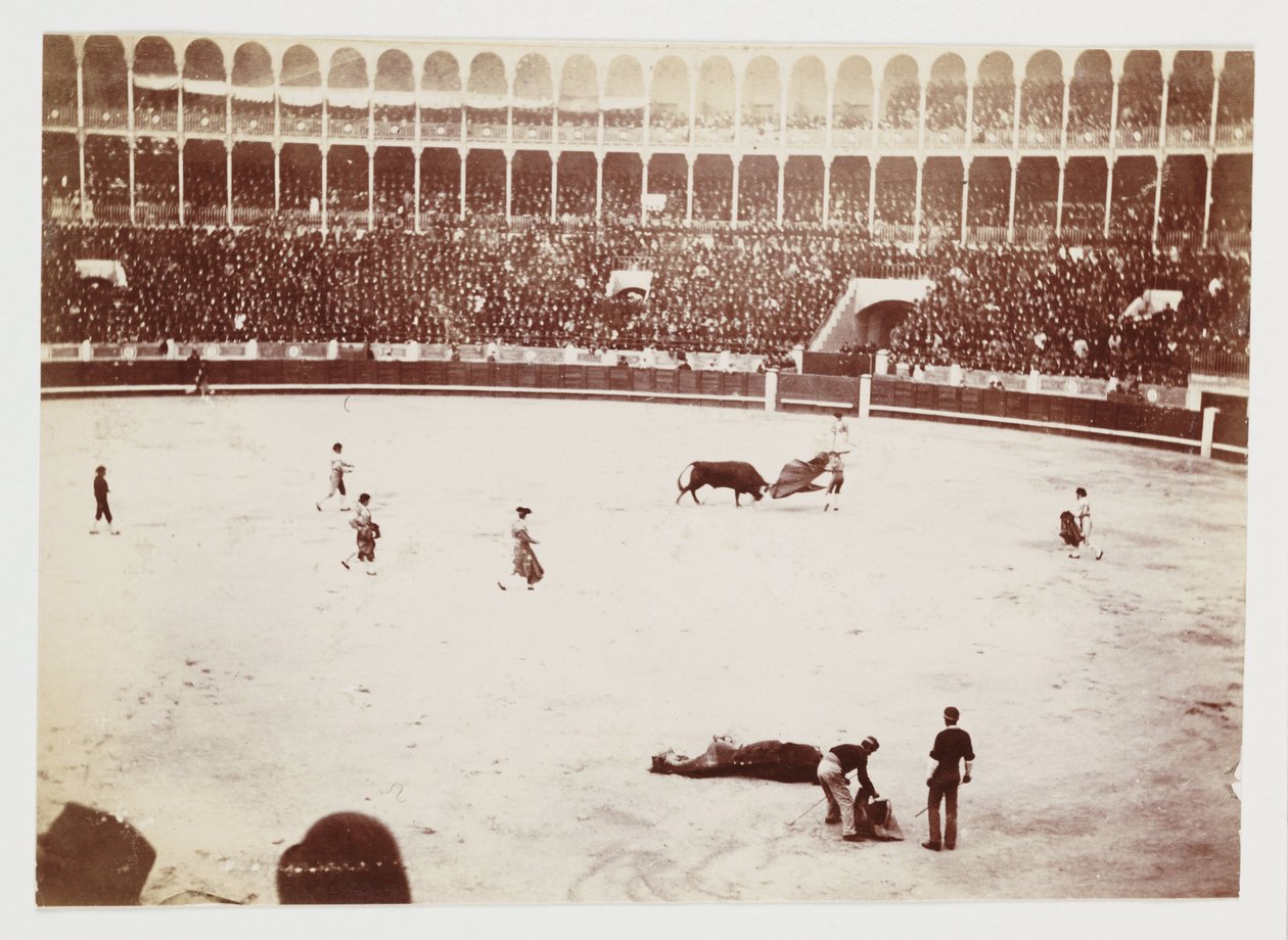 Et snapshot-fotografi af en tyrefægtning foran en enorm folkemængde i tyrefægterarenaen Las Ventas del Espiritu Santo, Madrid, taget af en ukendt fotograf omkring 1930 af Unbekannt