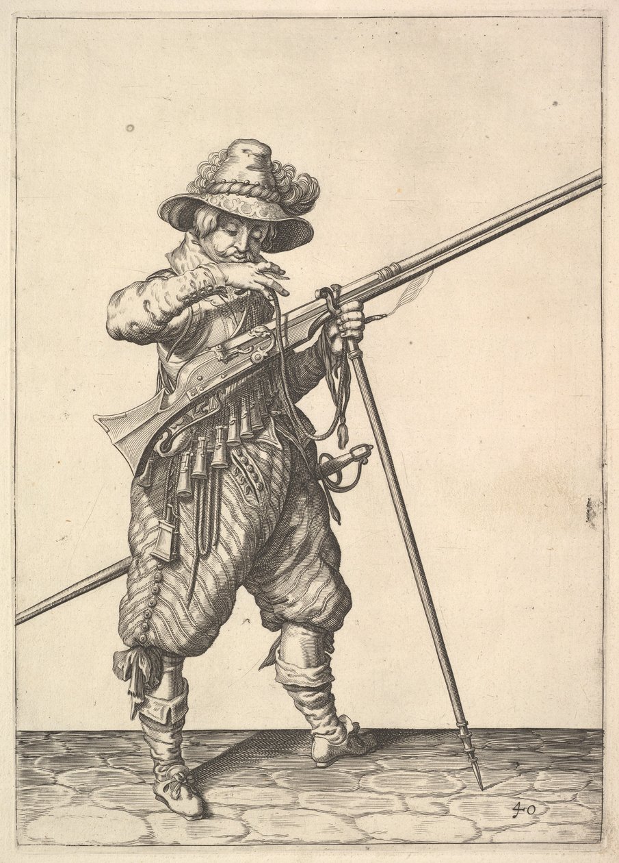 En soldat, der blæser på en tændstik, fra Musketeers-serien, tallerken 40, i Wapenhandelinghe van Ro.... af Unbekannt