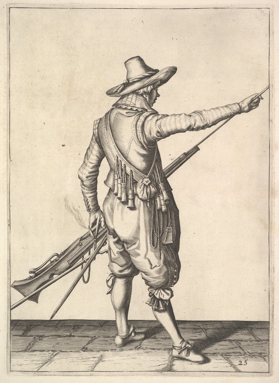 En soldat trækker stangen ud af holderen, fra Musketeers-serien, plade 25, i Wap.... af Unbekannt