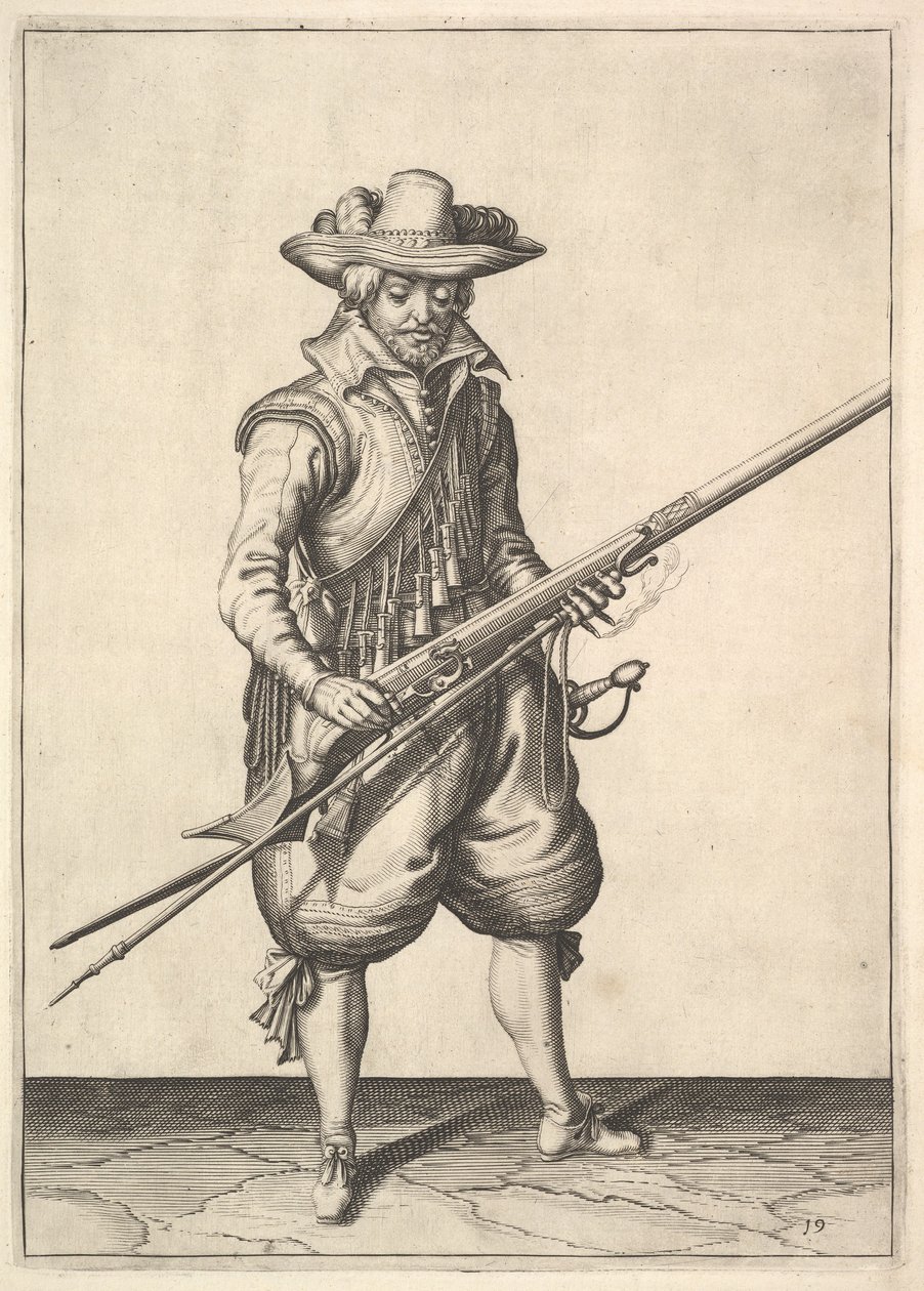 En soldat, der ryster pulveret fra toppen af panden, fra Musketeers-serien, tallerken 19, i.... af Unbekannt