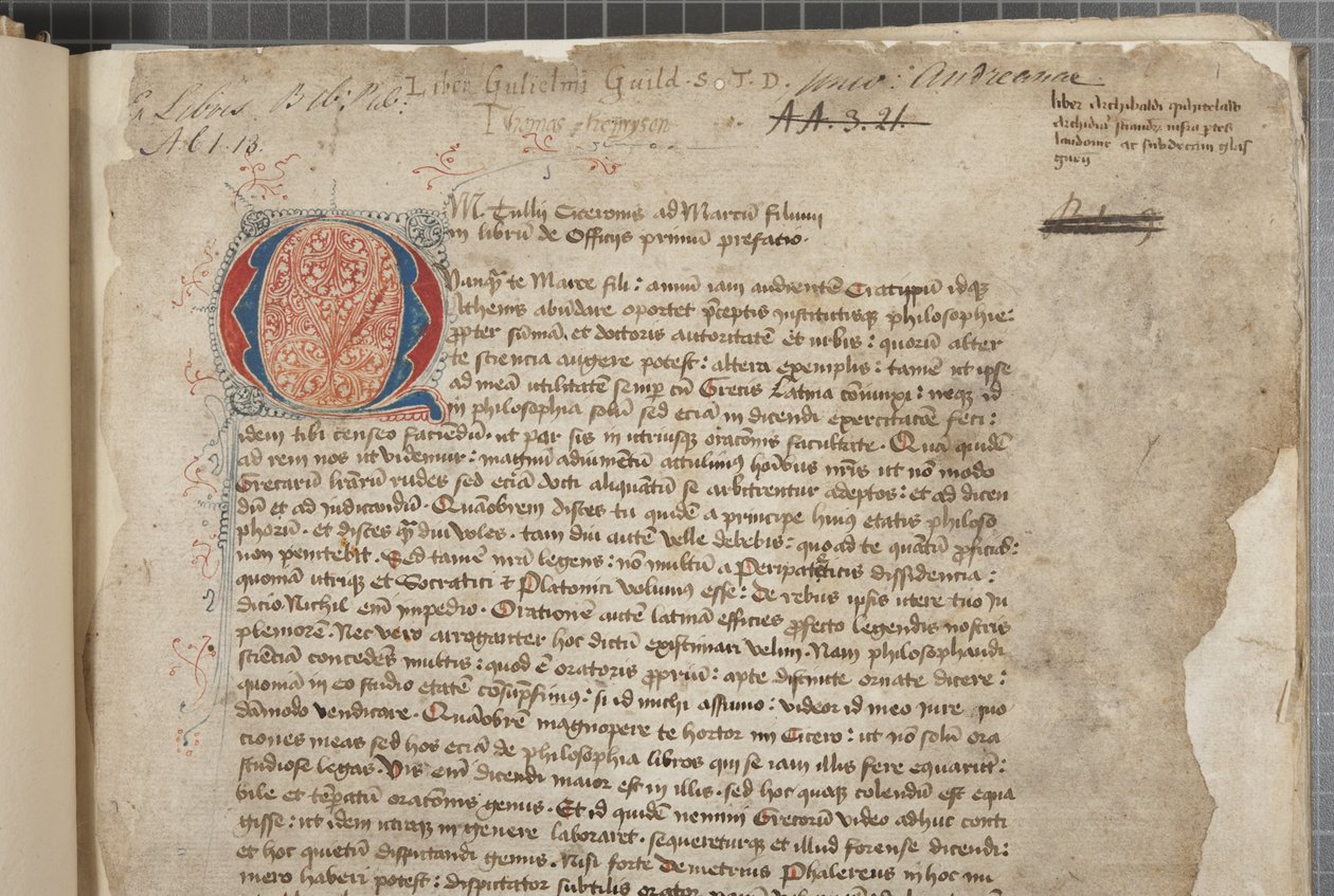 En afskrift, i tre hænder, af de filosofiske værker af Marcus Tullius Cicero, tilsyneladende hentet fra editio romana fra 1471, med marginalia i hånden af Archibald Whitelaw og andre, ca. 1480 (blæk på pergament) af Unbekannt