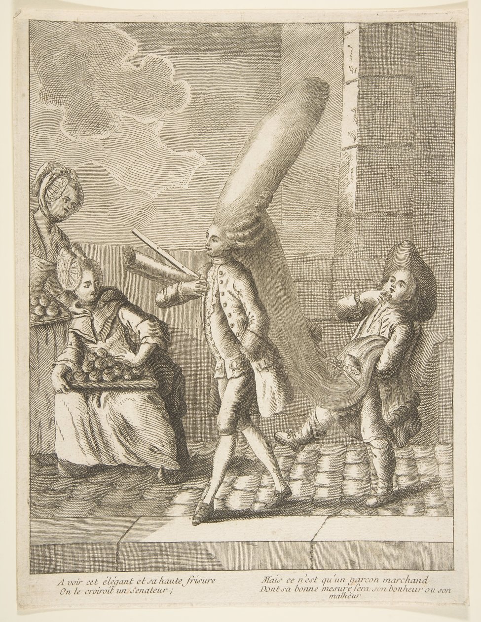 At se hans elegante det og hans høje krøller, Man skulle tro, han var en senator, men han er kun en..., 1720-75. af Unbekannt