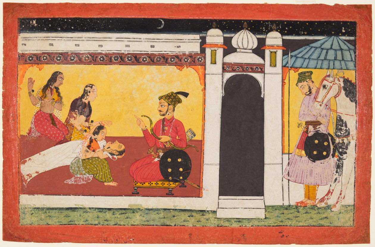 En kvinde besvimer foran en prins, en natscene fra en Madhavanala Kamakandala-serie, ca. 1700. af Unbekannt