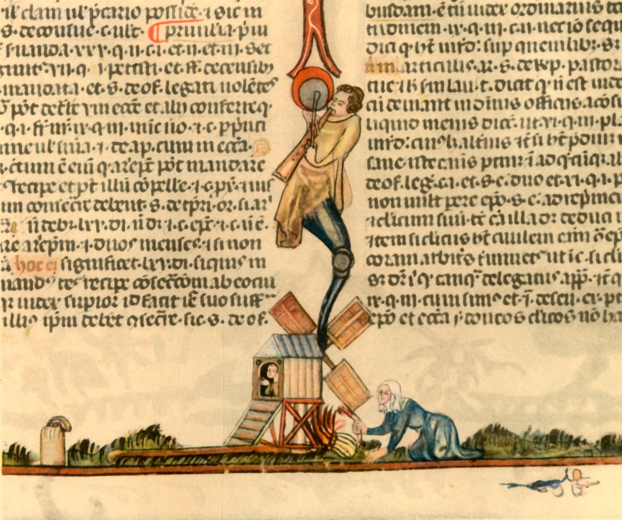 En kvinde sætter en postmølle i brand, c1340, 1947. af Unbekannt