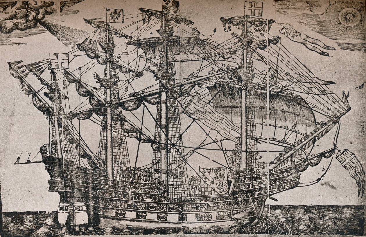 Et træsnit af et skib, der menes at være The Ark Royal, c1587 af Unbekannt